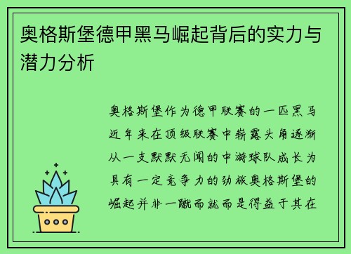奥格斯堡德甲黑马崛起背后的实力与潜力分析