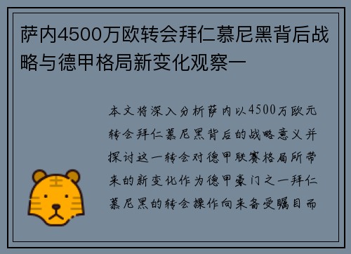萨内4500万欧转会拜仁慕尼黑背后战略与德甲格局新变化观察一